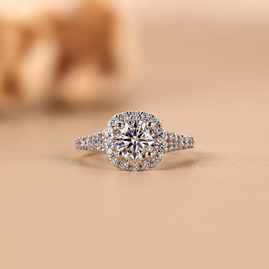 Diamond ring with a beige background